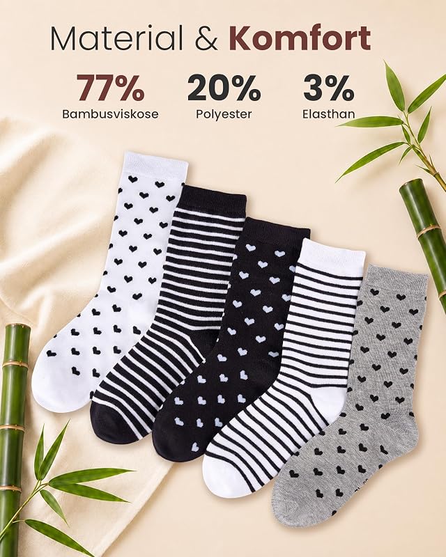 Calzini Donna in Bambù, Calze Donna 10 Paia Cuori & Righe Regalo