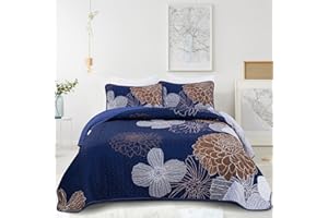 Anibedding Floral Bedspread Quilt Set King 3 Pieces-Navy Blue Bohemian Floral Quilt Coverlet Set Soft Microfiber Lightweight Quilted Bedspread with Pillow Shams for All Season 104"x90"