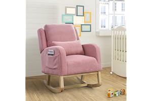JEEOHEY Rocking Chair for Nursery, Teddy Upholstered Wingback Rocking Chair, Accent Glider Rocker with Comfy High Back Curved Armrest Lumbar Pillow for Living Room, Bedroom, Pink