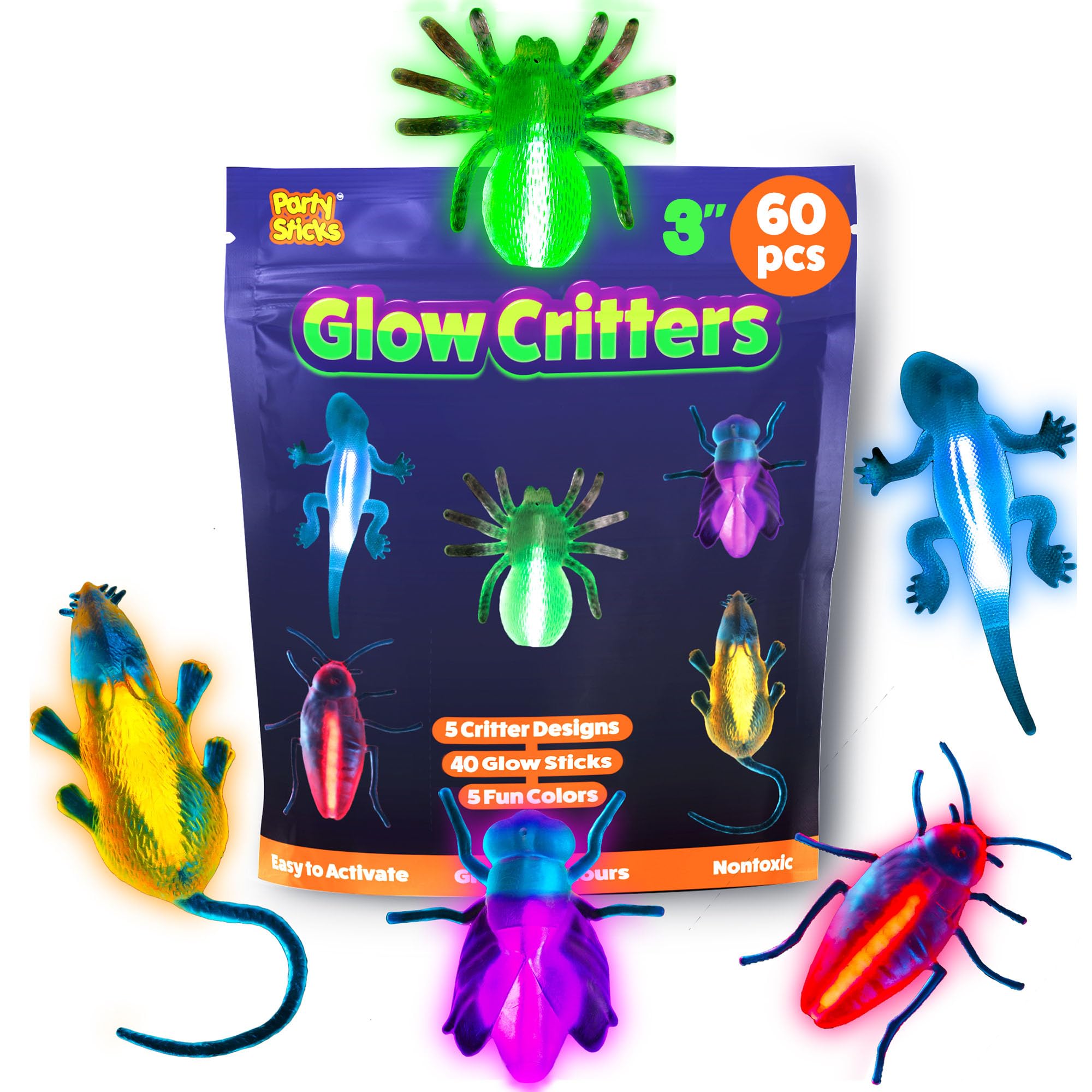 PartySticks Glow Critters and Halloween Trick or Treat Glow Skeletons and Pumpkins - Glow Sticks Party Favors - Glow in The Dark Party Supplies - 60 Count - Clear