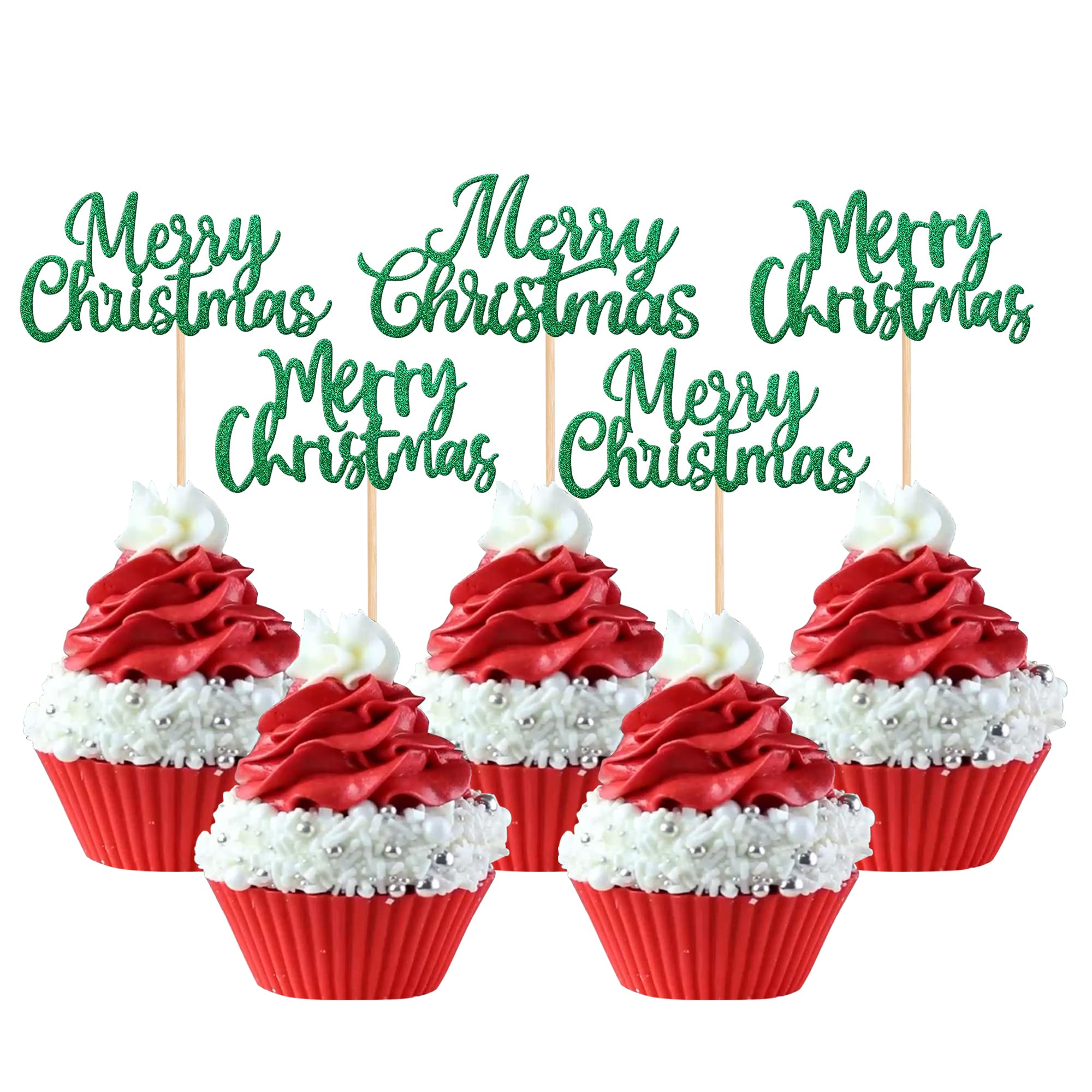 Xsstarmi 36 Pack Merry Christmas Cupcake Toppers Glitter Xmas Cupcake Picks for Celebrating Christmas Theme New Year Holiday Party Cake Decorations Supplies Green