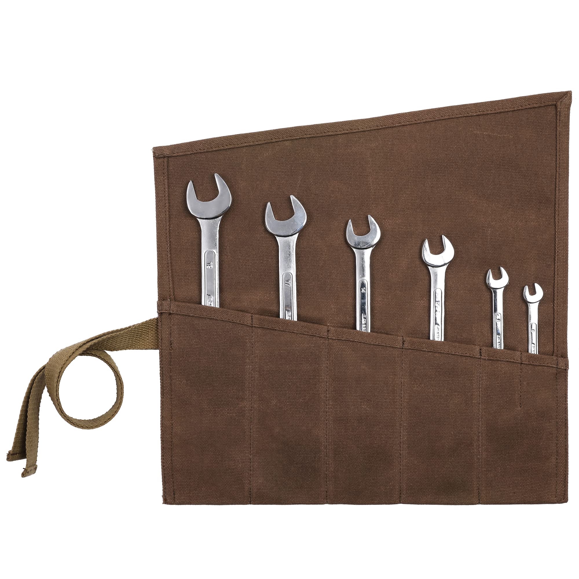 Small Tool Roll, Heavy Duty 16oz Waxed Canvas Tool Roll Up Bag - for Chisel Wrench Carving Knives, Tool Organizer with 6 Pockets (Brown)