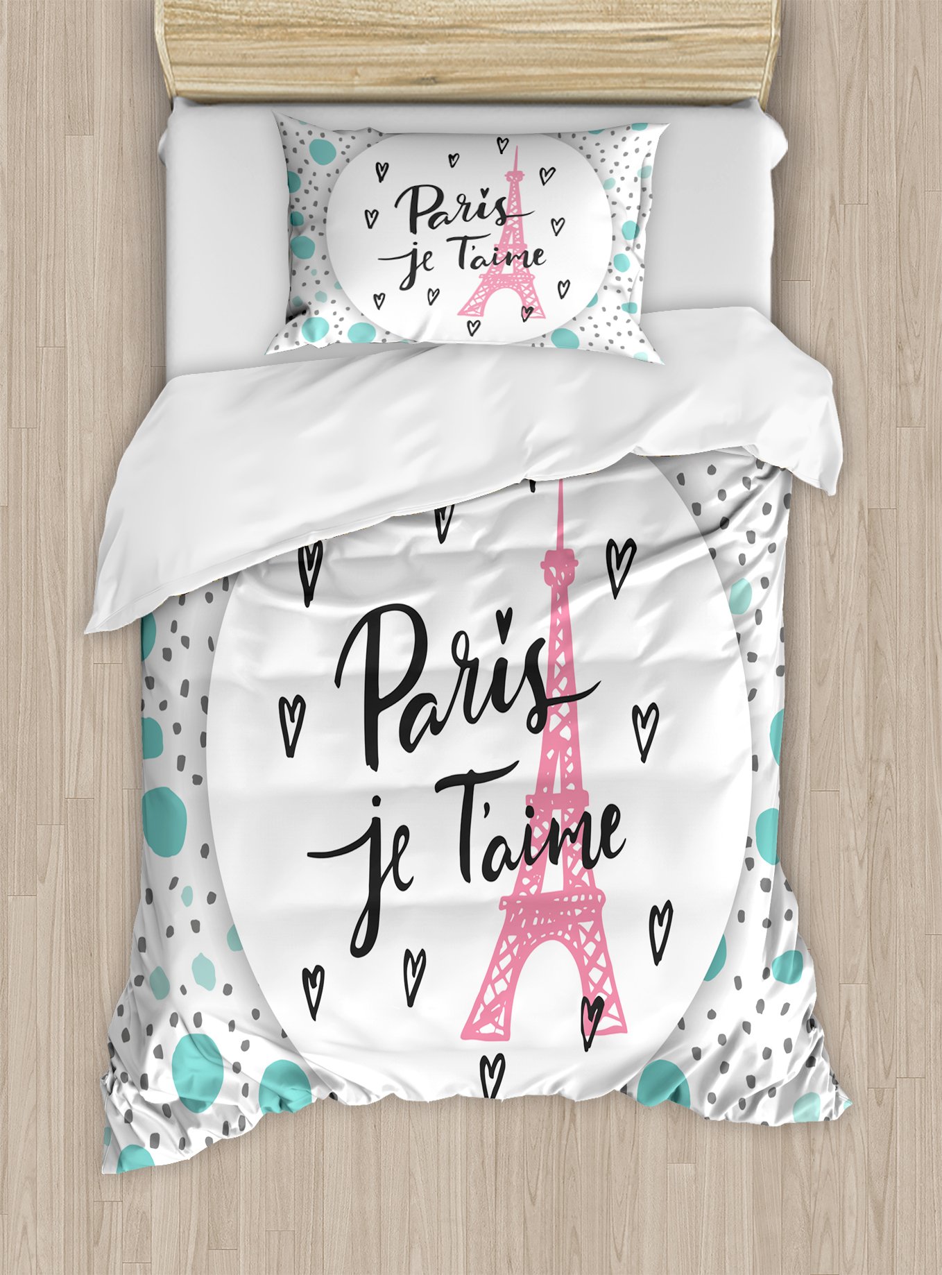 Ambesonne Paris Duvet Cover Set, I Love You Lettering Fashion Modern Background Europe Architecture,
