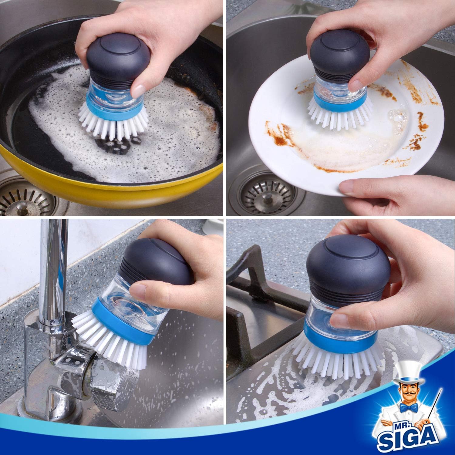 MR.SIGA Soap Dispensing Palm Brush, Kitchen Brush for Dish Pot Pan Sink Cleaning, Pack of 2, Navy/Blue: Home & Kitchen