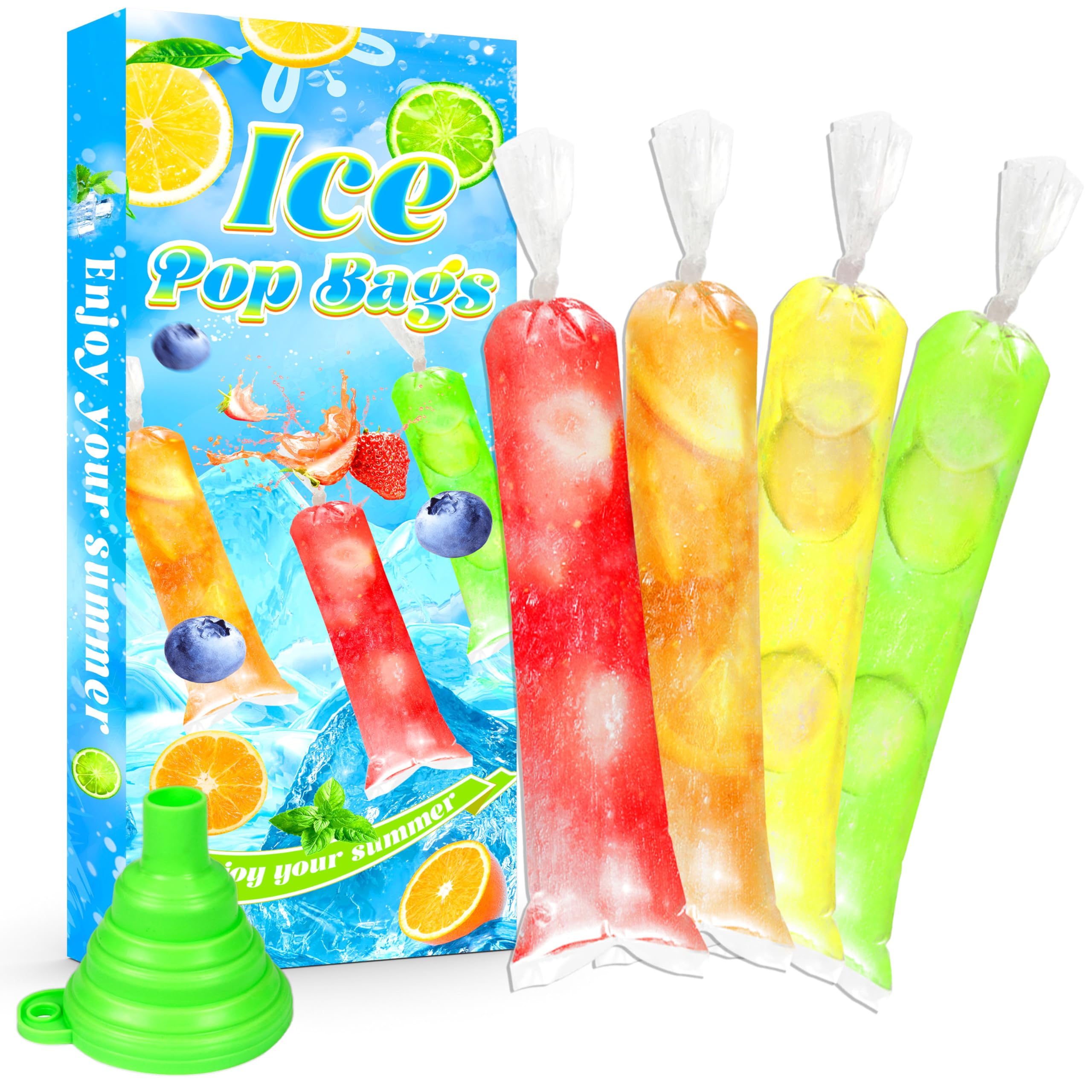 Photo 1 of 250 Pakcs 2x12 Disposable Ice Pop Bags Popsicle Bags with Silicone Funnel for Ice Candy Pop, Yogurt Sticks, Juice Smoothies, Fruit Shake, Snacks