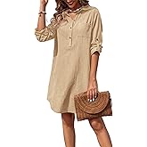 Zeagoo Women Summer Dress 2025 3/4 Sleeve Cotton Linen Button Down V-Neck Shirt Dresses Casual Loose Aline Dress