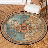 Ocean Compass Round Area Rug 5ft, Washable Circle Rugs Non Slip Circular Rug Soft Indoor Floor Carpet for Bedroom Living Room