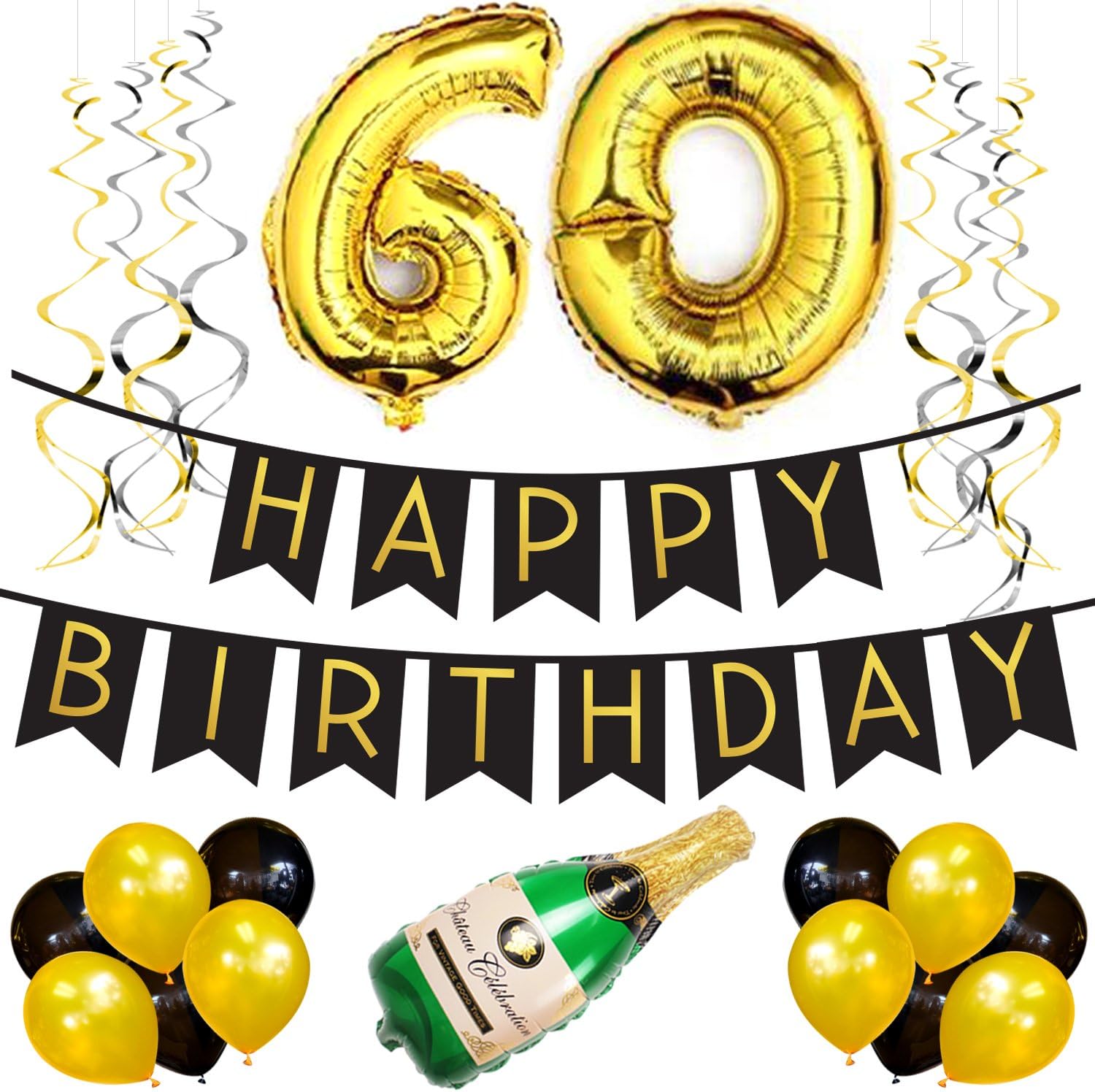Sterling James Co Poms Et Tourbillons Anniversaire Pack 60e Anniversaire Partie Pack Noir Or Joyeux Anniversaire Bunting Decorations Et Accessoires De Fetes Fournitures De Loisirs Creatifs Centroarco Com