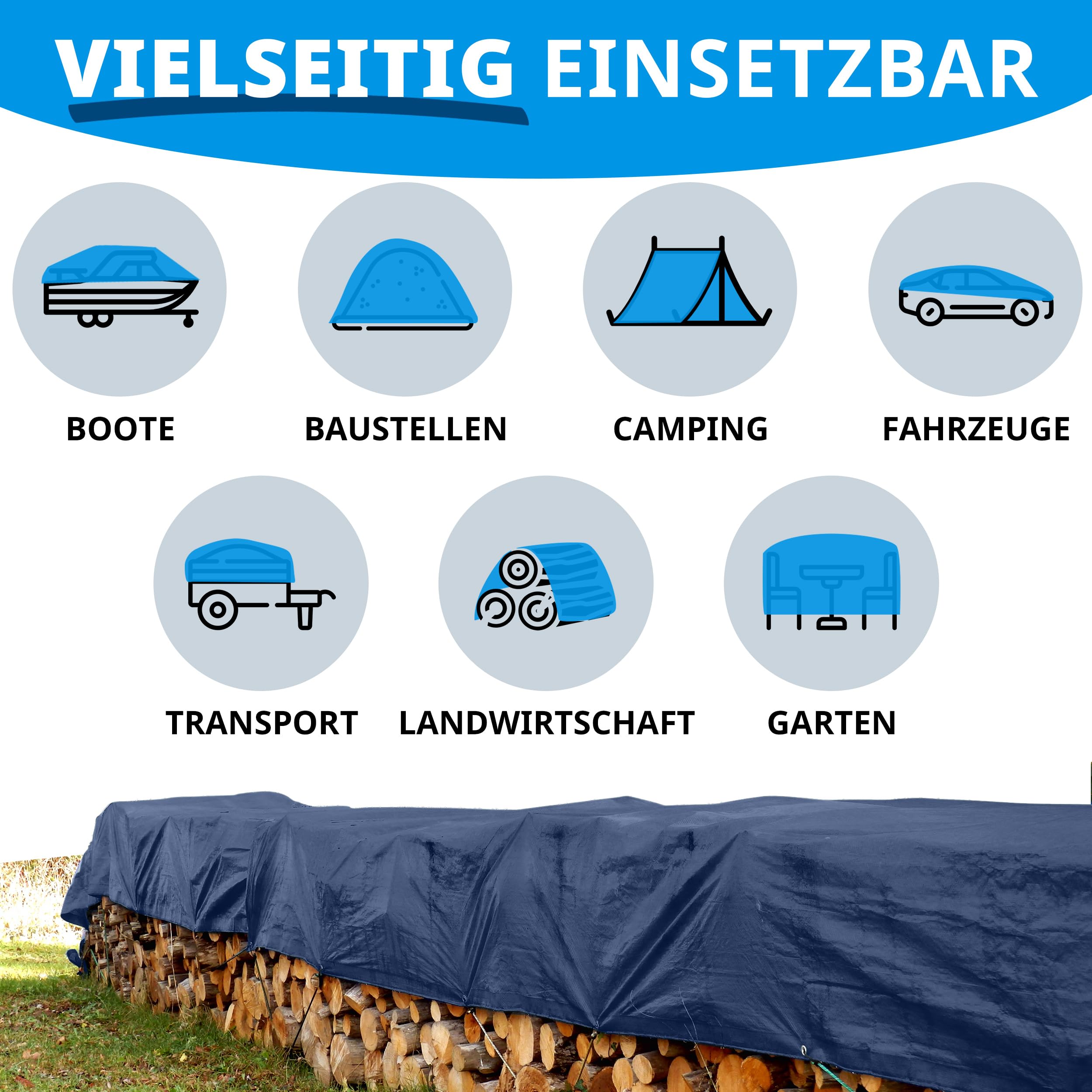 Floordirekt Abdeckplane | Gewebeplane | Schutzplane | Bootsplane Zeltunterlage für Camping & Outdoor Garten wasserdichte Planemit Ösen Viele Größen & Farben 4x6m 24m² 140 g/m², Blau 6