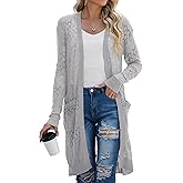 GRECERELLE Womens Lightweight Longer Length Cardigan Long Sleeve Casual Crochet Open-Front Sweater with Pockets