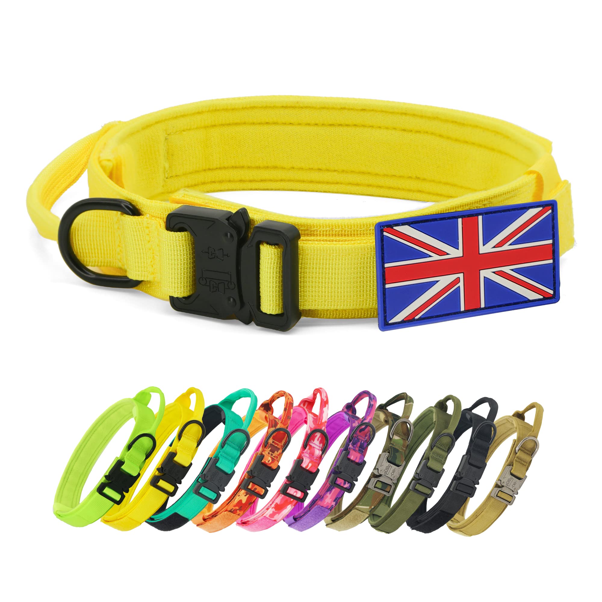 YouthBro Tactical Dog Collar with UK Flag Patch, K9 Military Nylon Collar with Heavy Duty Metal Buckle for Medium Large Dogs Yellow, XL