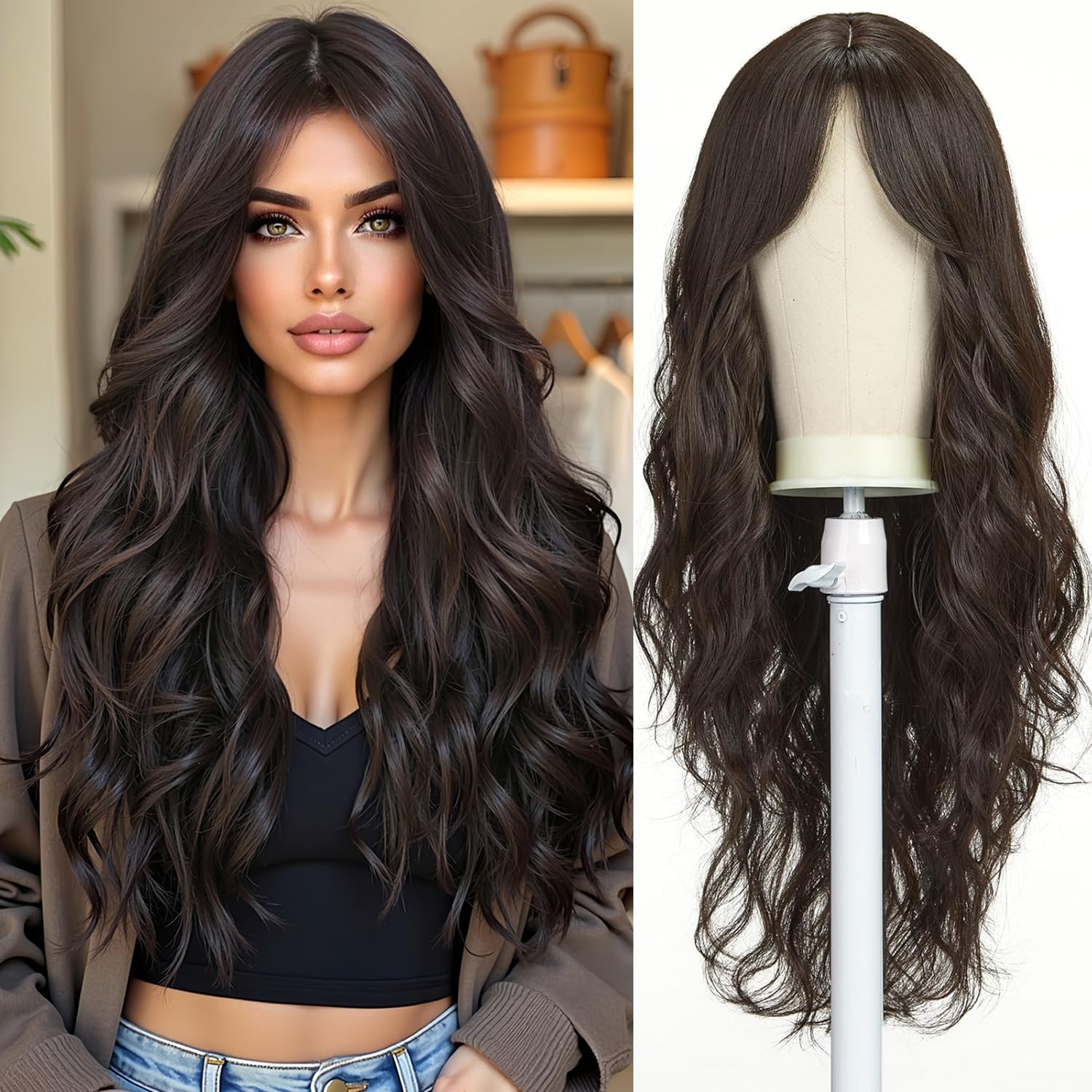 Esmee Long Wavy Dark Brown Wigs for Women Natuaral Synthetic Hair Heat Resistant Brunette Wig for Daily Party Cosplay Use — image 1