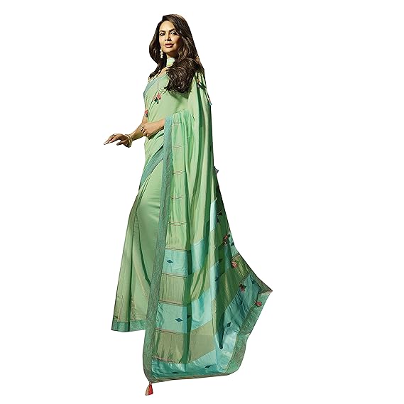 Womens Pure Silk Embellished Saree with Blouse Piece (Green)
