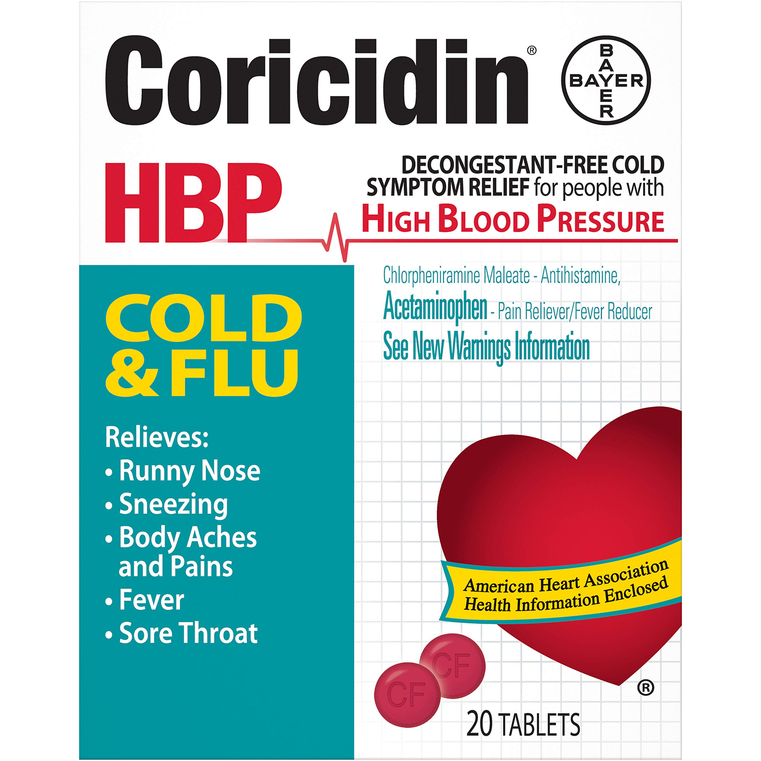 Coricidin HBP Decongestant-Free Cold & Flu Medicine for Hypertensives, Cold & Flu Symptom Relief for People with High Blood Pressure, 325 mg Acetaminophen Tablets (20 Count), Multicolor (533815)