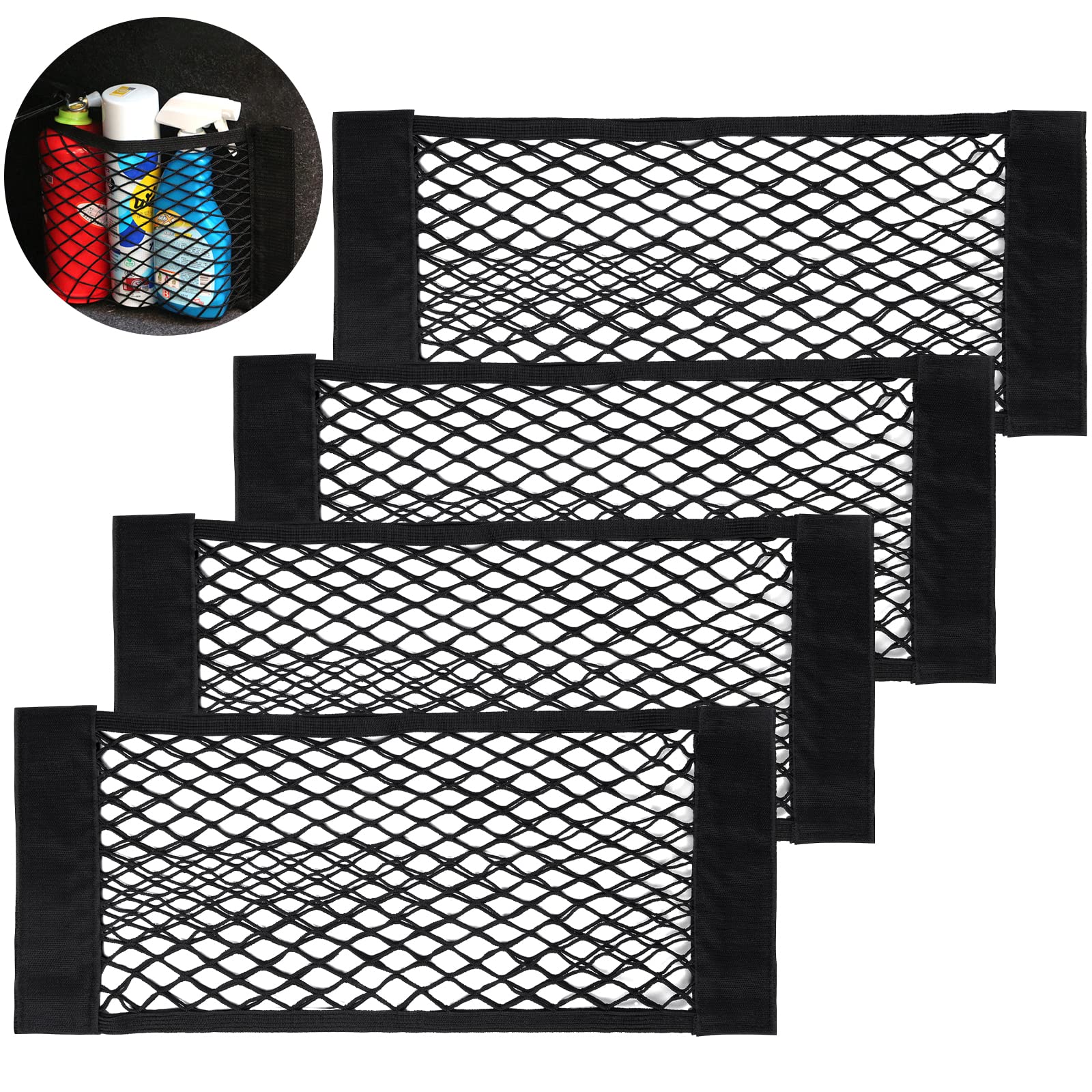 UIHOL Car Boot Mesh Bag (4 Pieces), Trunk Storage Net Organizer for Car Back Rear Seat Groceries, Adjustable Elastic Nylon Net Organiser with Magic Sticker, for Universal Car/SUV Boot (40 x 25 cm)