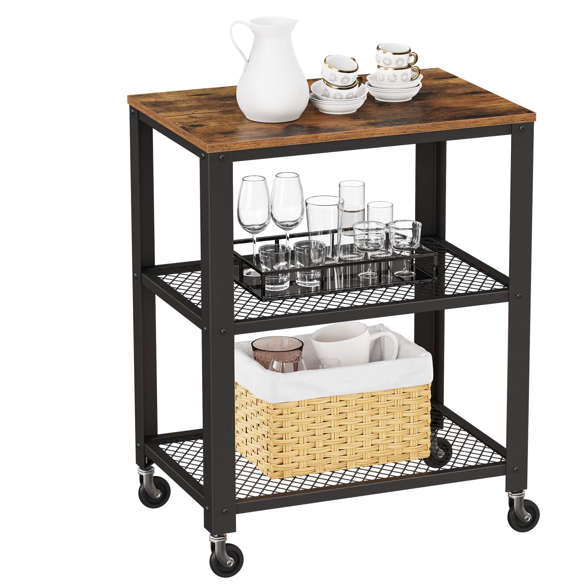 VASAGLE Vintage 3 Tier Serving Trolley Rustic Rolling Trolley Heavy Duty Storage Shelf with Wooden Tray Wheels for Kitchen and Living Room Vintage LRC78X