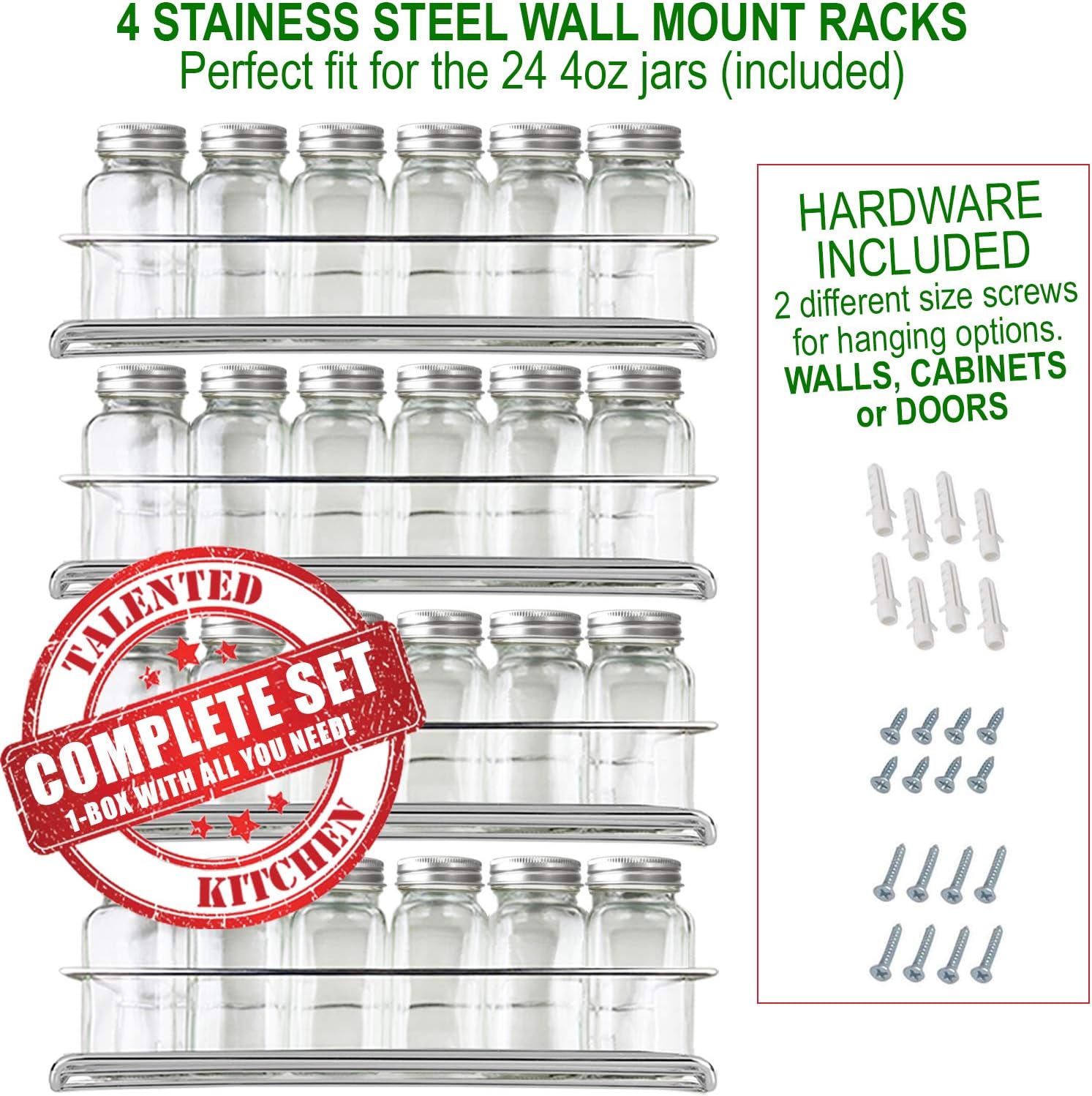 4 Spice Racks with 24 Glass Spice Jar & 2 Types of Printed Spice Labels by Talented Kitchen. Complete Set: 4 Wall Mount Stainless Steel Racks, 24 Square Empty Glass Jars 4oz, Chalkboard & Clear Label: Home Improvement