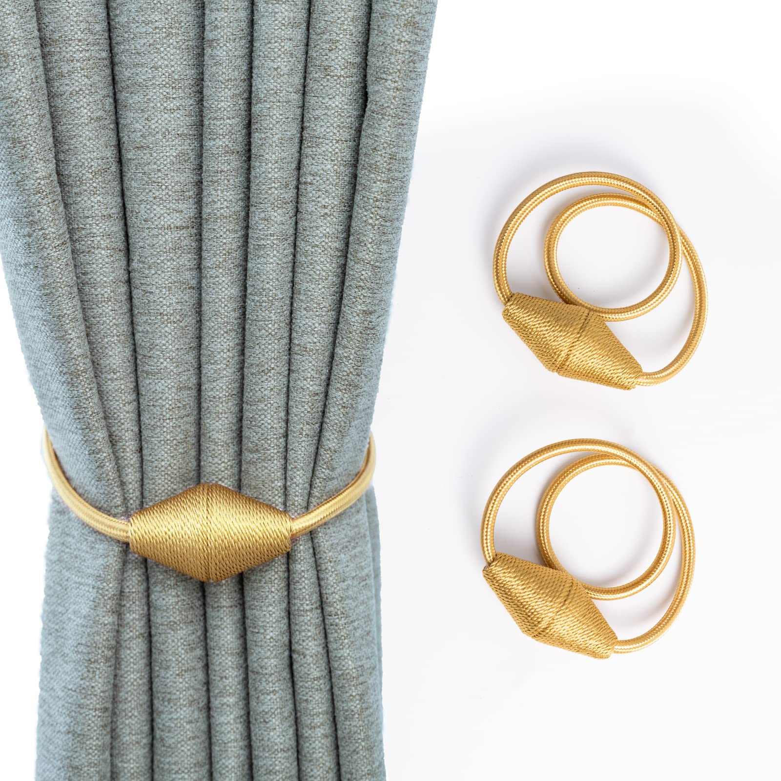 NeuWook 2 Pieces Magnetic Curtain Tie Backs, Curtain Rope Holdbacks Curtain Weaving Holder Buckles Convenient Drape Tie Backs for Thin or Thick Home Office Hotel Window Decorative (Gold)
