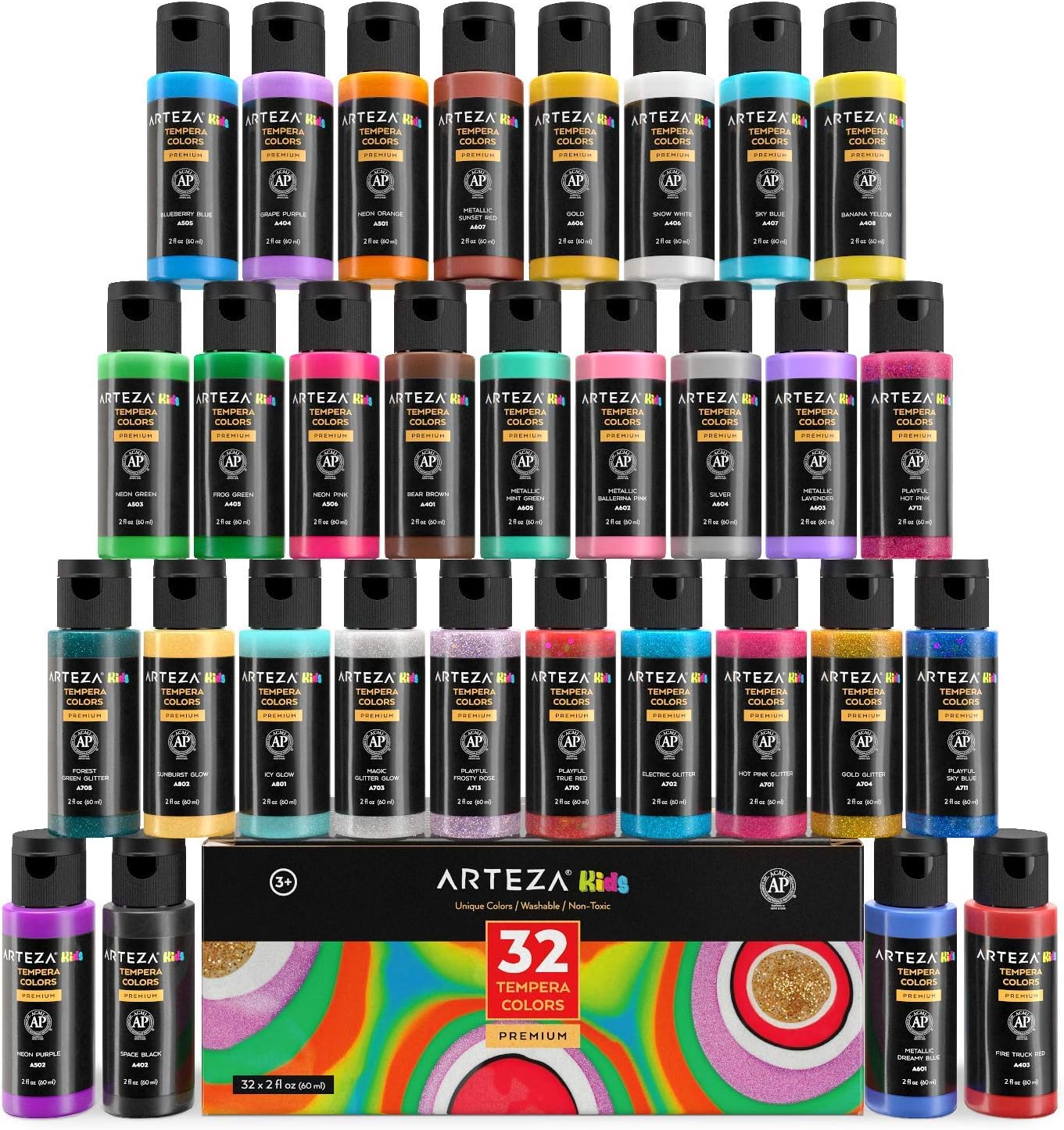 Arteza Tempera Washable Paint for Kids, Set of 32, 2.03oz/60ml Bottles, Poster Paint for Craft Projects, Sponge Painting & Finger Painting, Includes Neon, Glitter & Glow-in-The-Dark: Home Improvement
