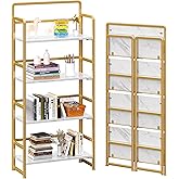 4NM No Assembly Folding Bookshelf, 4-Shelf 54" H Collapsible Foldable Bookcase Storage for Small Spaces, White and Golden