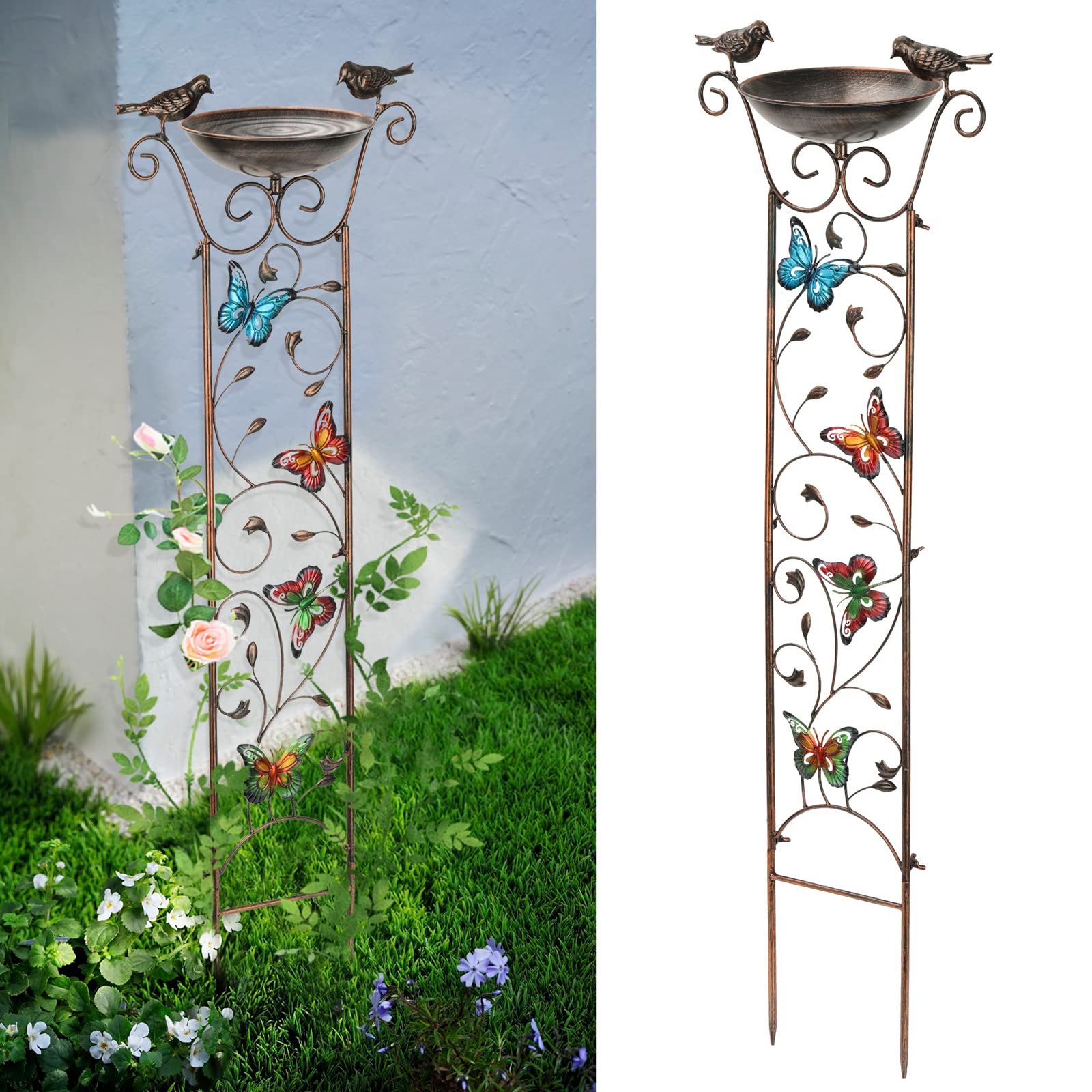 Photo 1 of SUNNYPARK Bird Bath with Trellis Outdoor, Antique Garden Iron Trellis with Decorative Butterflies Detachable Bird Bowl Metal Potted Plants Support for Climbing Flowers