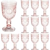 Pink 12 Pack Vintage Wine Glasses, Plastic Reusable 12 Ounce Colored Water Goblets, Unique Flower Embossed Pattern Unbreakable Stemmed Wine Glasses High Clear Wedding Party Bar Drinking Cups