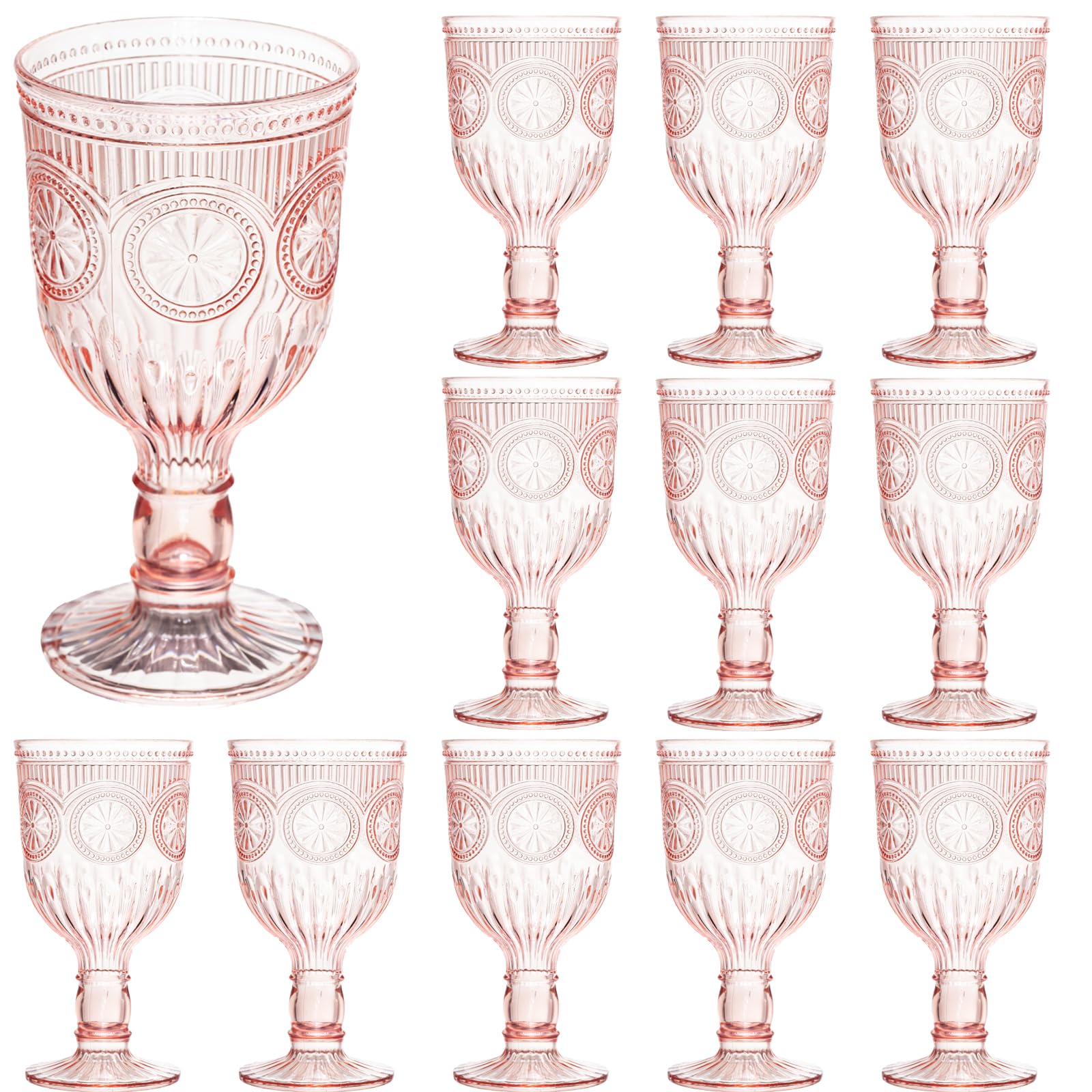 Photo 1 of Pink 12 Pack Vintage Wine Glasses, Plastic Reusable 12 Ounce Colored Water Goblets, Unique Flower Embossed Pattern Unbreakable Stemmed Wine Glasses High Clear Wedding Party Bar Drinking Cups