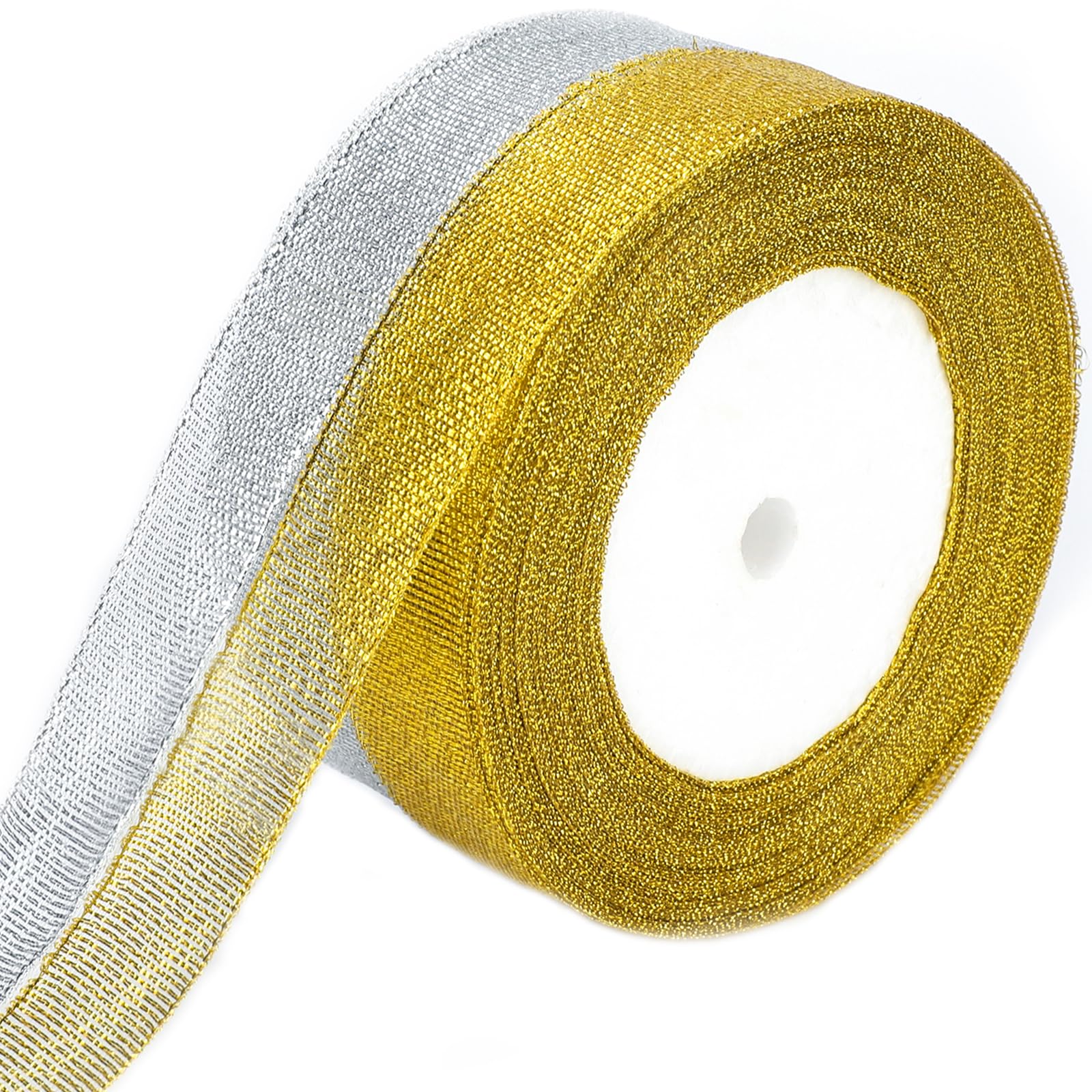 G2PLUS Gold and Silver Organza Gift Wrapping Ribbon, 20mm Sparkly Decorative Christmas Ribbon for Presents Wrapping, Christmas Crafting, 2 Roll x 22M