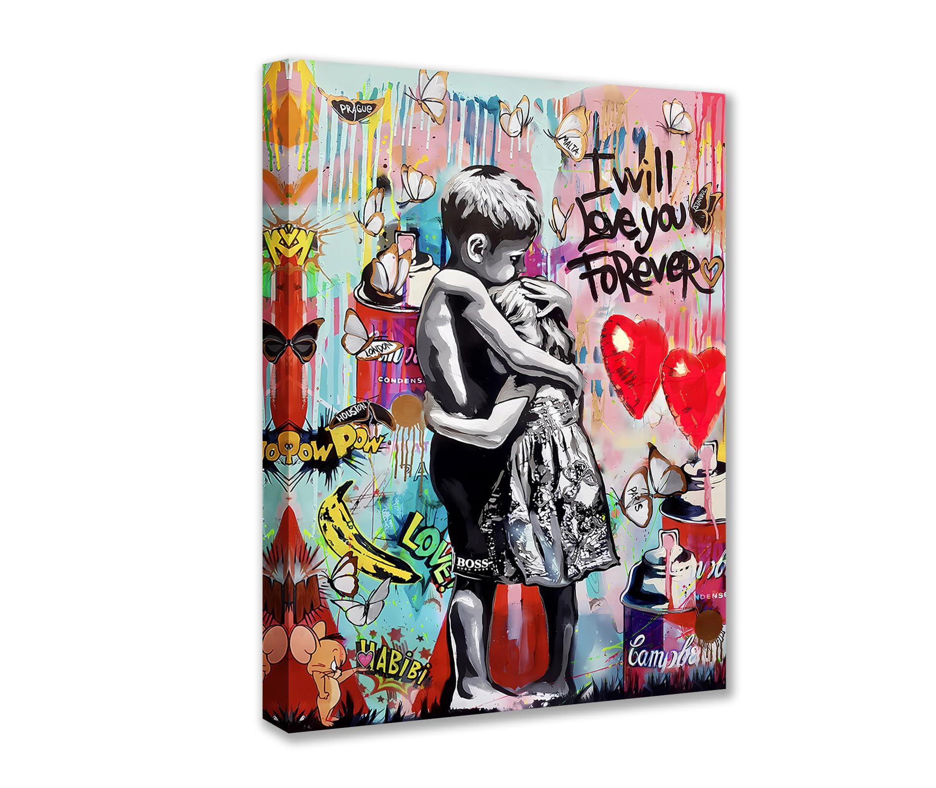 Tucocoo Banksy Graffiti Pictures for Living Room Little Boy and Girl Street Paintings 1 Pieces Canvas Colorful Pop Wall Art Modern Artwork Home Decor Giclee Framed Stretched Ready to Hang 12x16inch