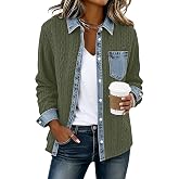 GUNEST Womens Shacket Denim Patchwork Button Down Loose Jackets Top Coats | Denim Collared Jacquard Pattern,Button Down Jacket,Fashion Fall Clothes, School Teacher Outfits,Fall Winter Daily Layering