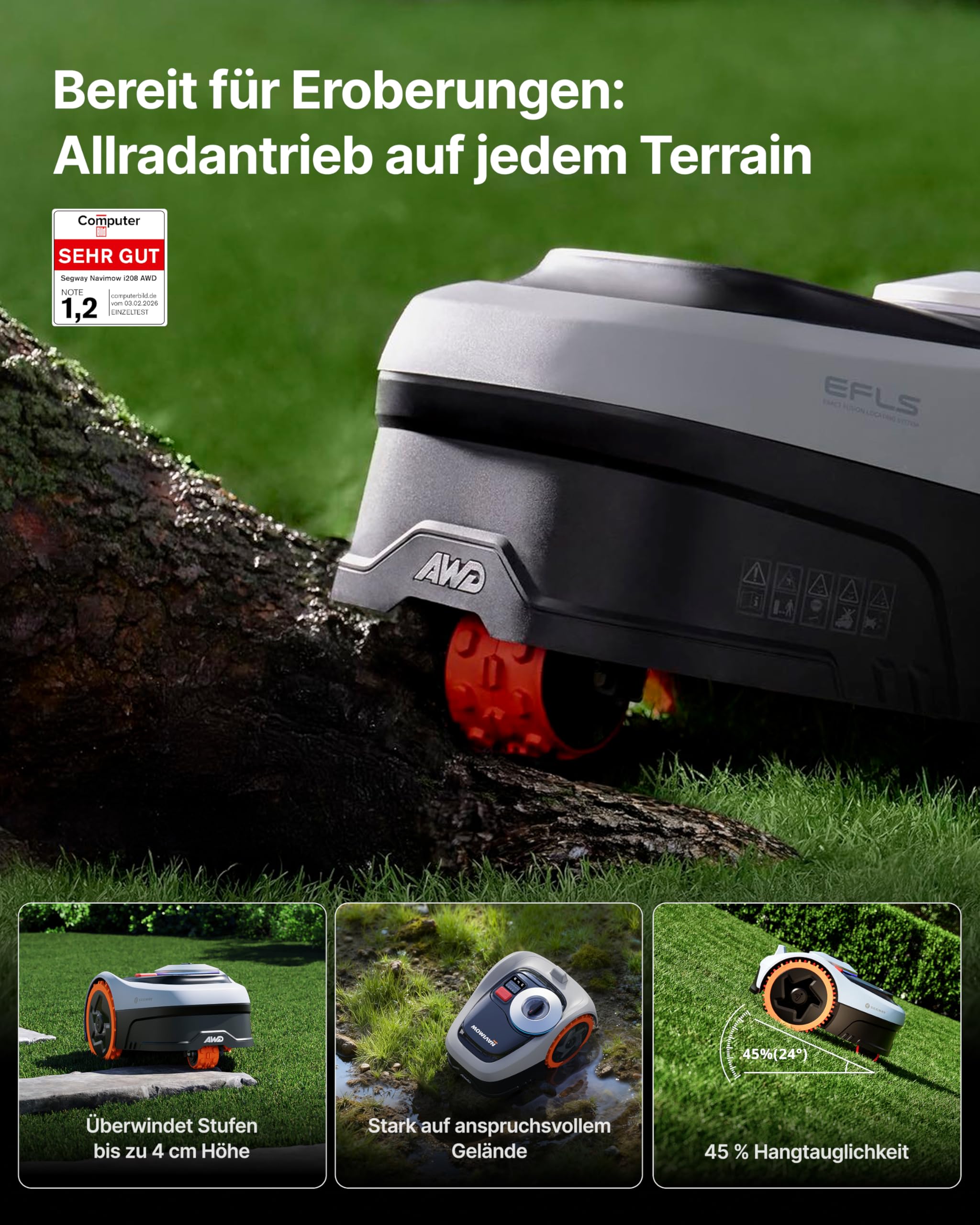 Segway Navimow i205 AWD (Neuer i105E) Mähroboter ohne Begrenzungskabel mit Garage S, für 500 m², Allradantrieb für 45% Steigung, NRTK+Vision, Keine RTK Antenne erforderlich (Getrennter Versand) 2