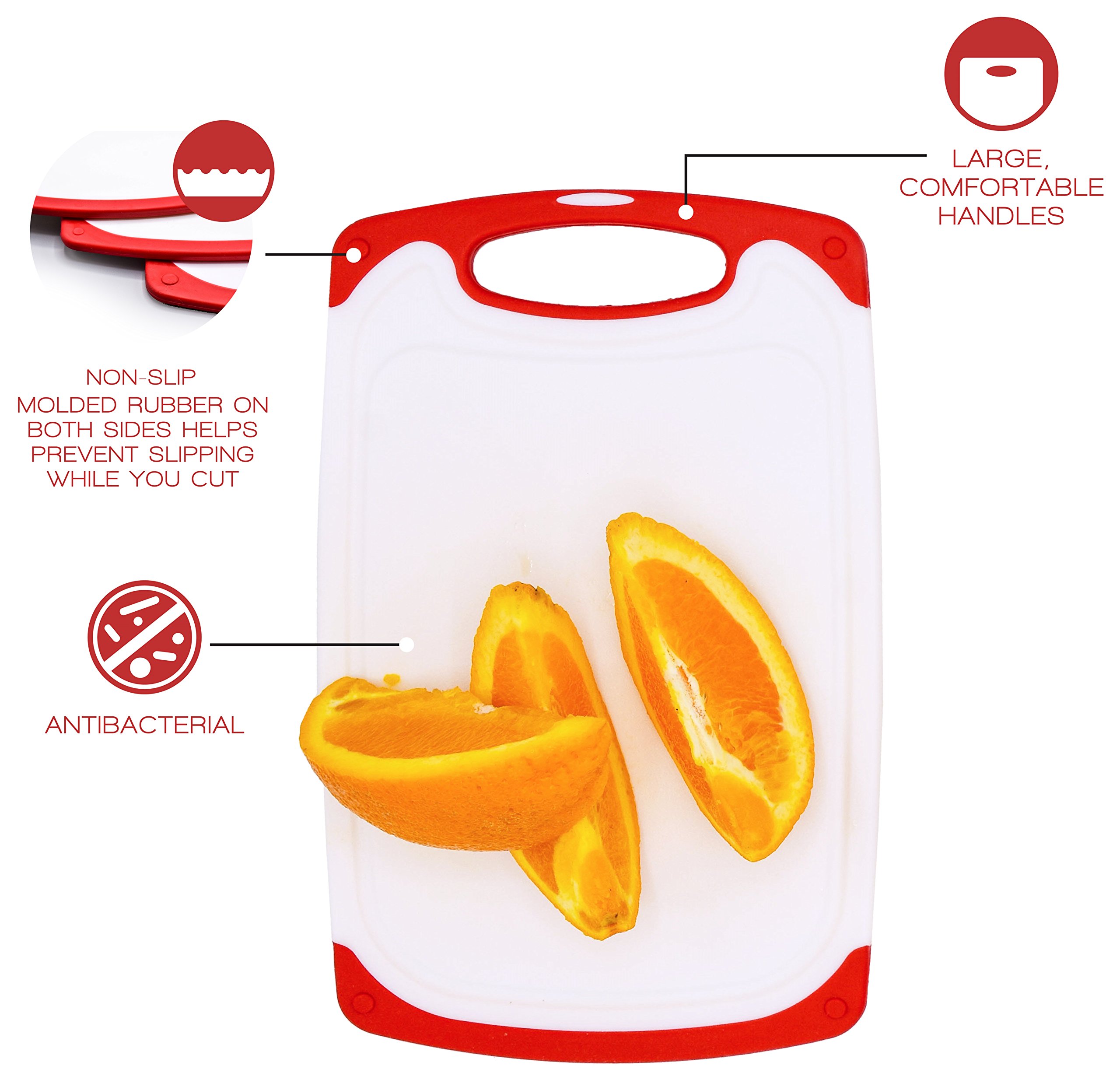 Raj Non-Slip Antibacterial Plastic Cutting Board, Deep Juice Groove, Dishwasher Safe, BPA Free, FDA Approved White and green (2 Pieces, White board with Red Ends)