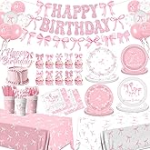 Pink Bow Birthday Party Supplies Serve 24, Coquette Birthday Decorations Include Bow Plates Napkins Cups Banner Tablecloth Cake Topper Balloons Bow Theme Tableware for Girls Bachelorette Decor