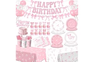 PYMUROD Pink Bow Birthday Party Supplies Serve 24, Coquette Birthday Decorations Include Bow Plates Napkins Cups Banner Tablecloth Cake Topper Balloons Bow Theme Tableware for Girls Bachelorette Decor