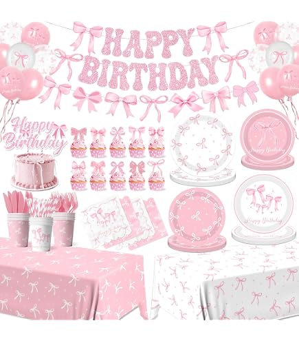 Vaisselle De Fête Nœud Rose Élégante Pour 20 Personnes - Kit Complet Assiettes, Gobelets, Serviettes, Nappe Et Pailles Pour Anniversaire Princesse Coquette