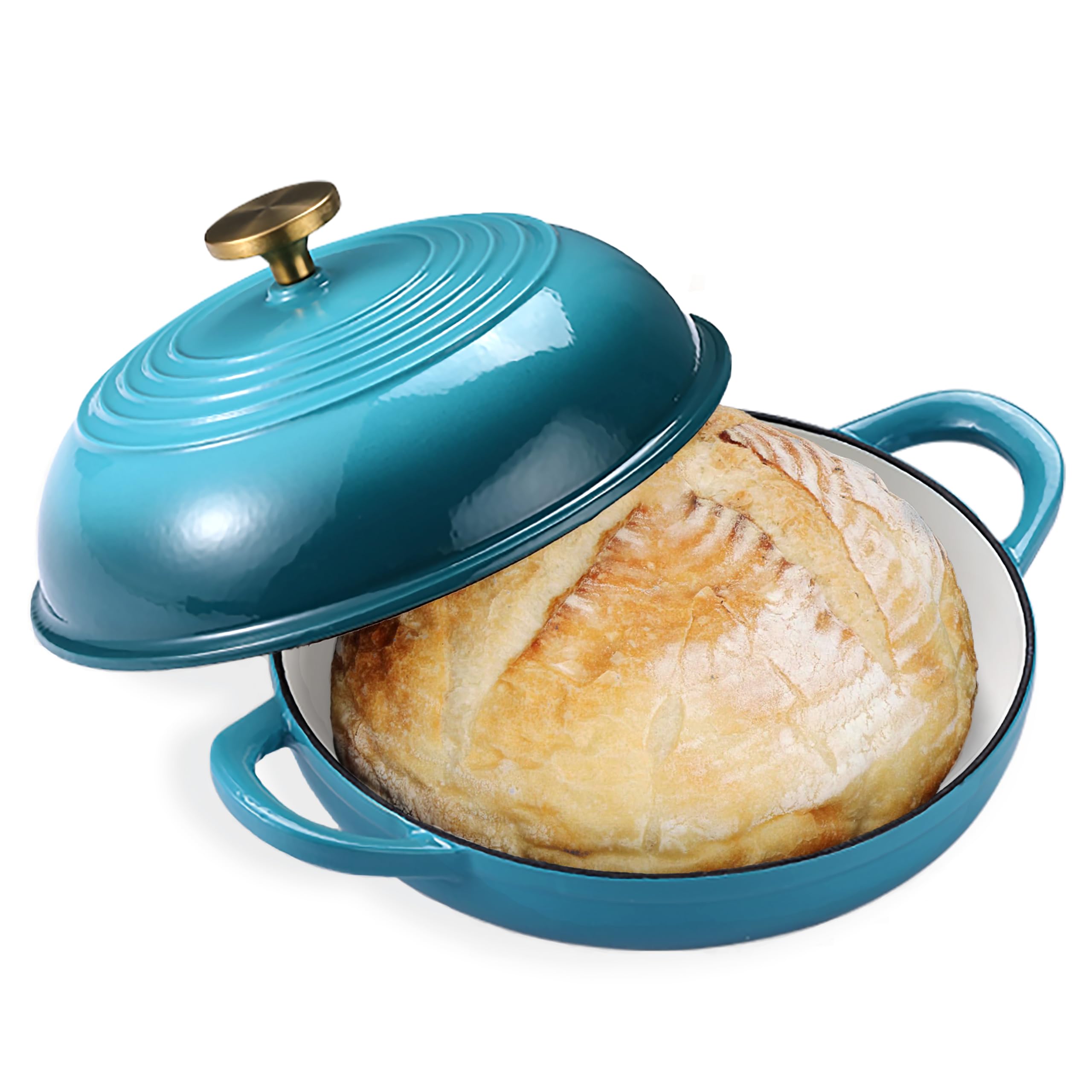 Photo 1 of Enameled Round Cast Iron Bread Oven, 6 Qt Cast Iron Dutch Oven for Homemade Sourdough Bread Baking, Bread Dome Pot with Cloche Lid (Blue Green)