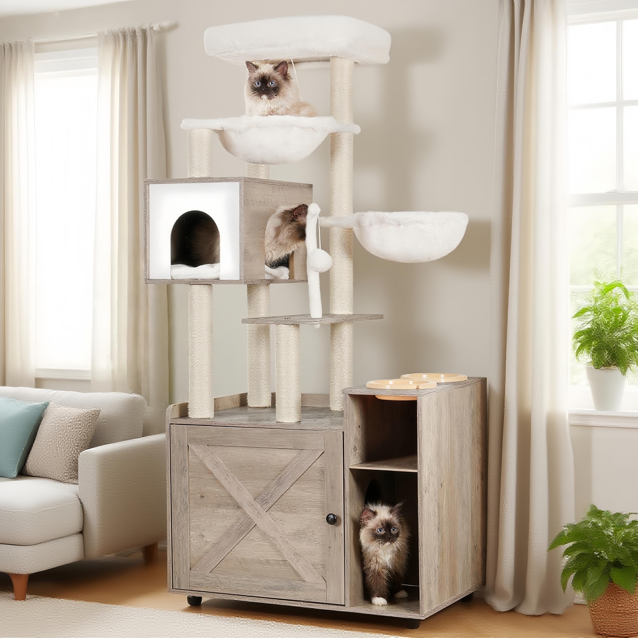 Photo 1 of Hey-brother Cat Tree with Litter Box Enclosure, Modern Cat Tower for Indoor Cats with Large Platform, Condo Food Station and 2 Hammocks, All-in-one Cat Furniture, Wood Rustic Gray MPJ115SG