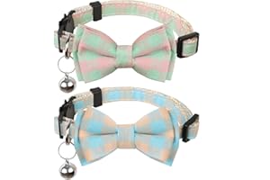 BANMODER Cat Collar Breakaway with Bells,Cute Cat Bow Tie,2 Pack Safety Plaid& Flower Kitten Collar for Girl Boy Male Cats (Pink & Green)