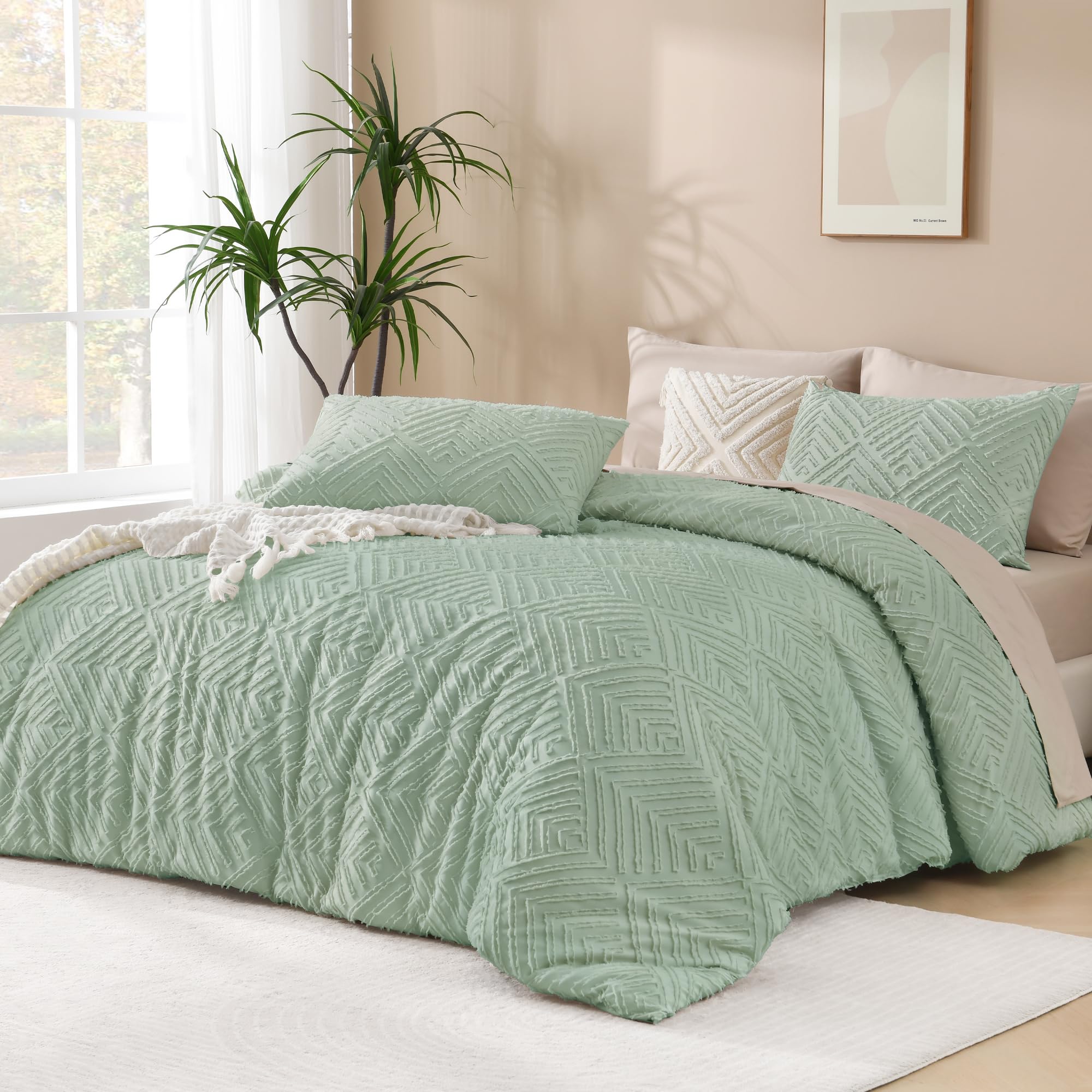 Andency Full Comforter Sets Sage Green, Boho Lightweight and Fluffy Bedding Set for Full Bed, 3 Pieces Tufted Farmhouse Design for All Seasons (79x90Inches, 1 Comforter and 2 Pillow Shams) Image