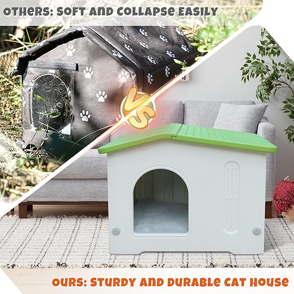 OUTDOOR CAT HOUSE WITH ESCAPE DOOR,FERAL CAT HOUSE WITH SELFWARMING MAT OUTDOOR CAT HOUSE WATWERPROOF LARGE CAT HOUSE FOR 1-2 CATS, ASSEMBLE EASILY-GREEN