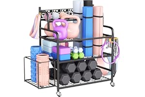 Home Gym Storage Rack, Yoga Mats Holder, VOPEAK Workout Storage for Dumbbells, Foam Rollers, Kettlebells, Gym Equipment Organizer with Hooks (Metal)