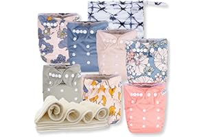 Nora's Nursery Cloth Diapers 7 Pack with 7 Inserts & 1 Wet Bag - Waterproof Cover, Washable, Reusable & One Size Adjustable Pocket Diapers for Newborns and Toddlers - Delilah
