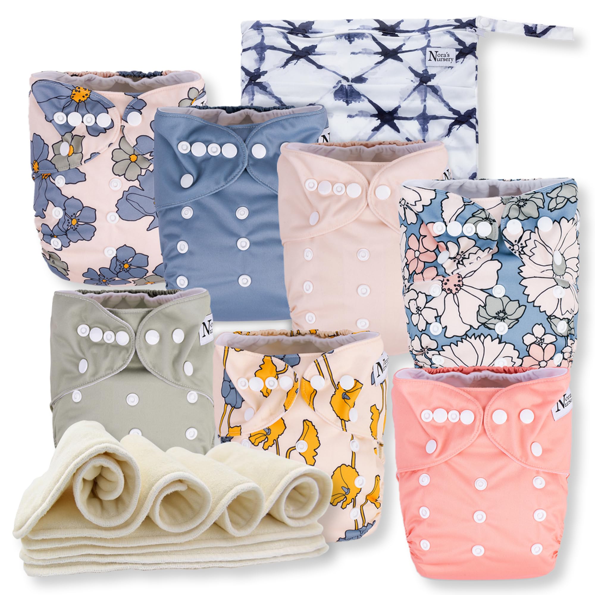 Photo 1 of Nora's Nursery Cloth Diapers 7 Pack with 7 Inserts & 1 Wet Bag - Waterproof Cover, Washable, Reusable & One Size Adjustable Pocket Diapers for Newborns and Toddlers - Delilah
