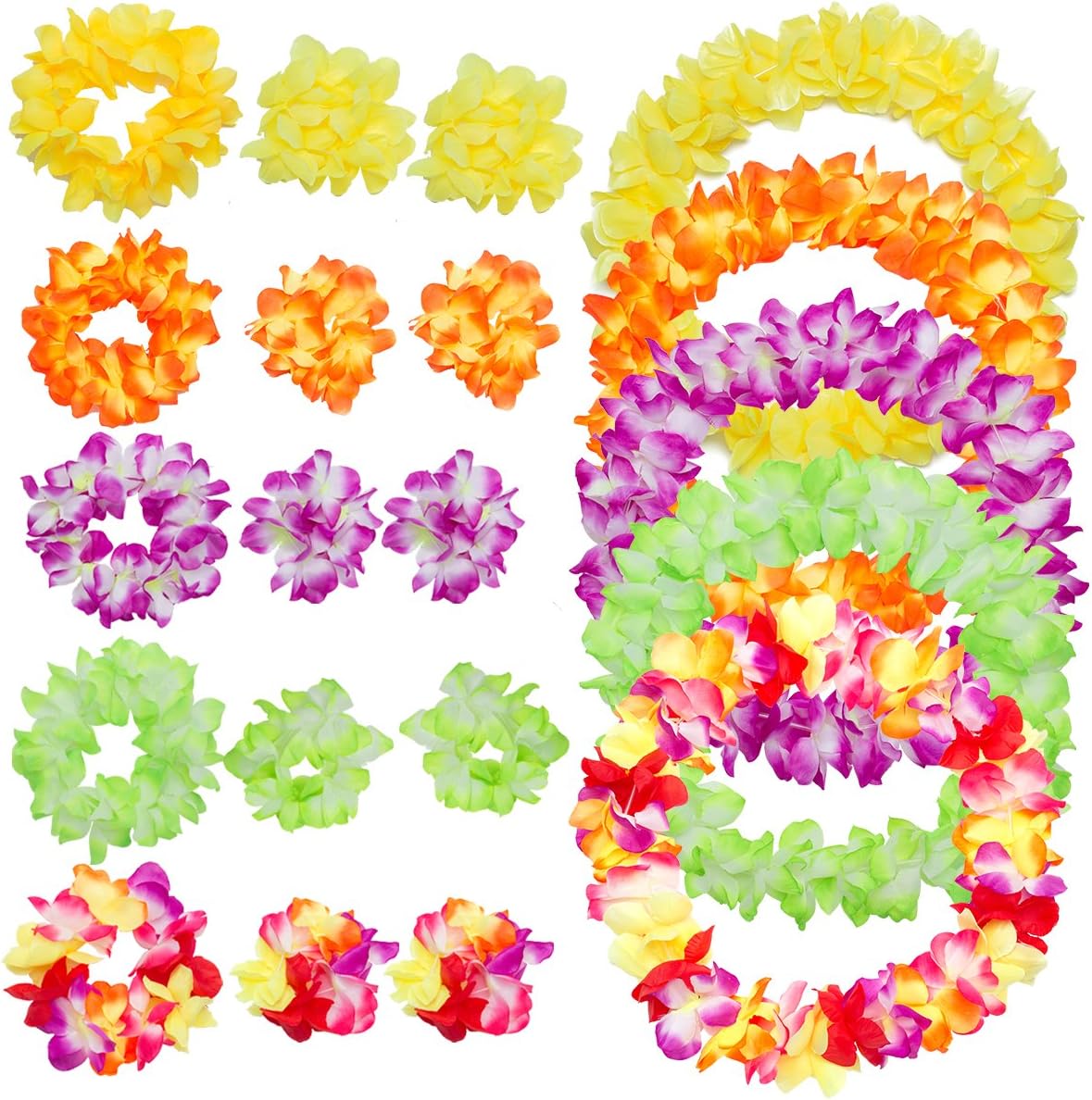 PAMASE 5 Sets 40" Hawaiian Luau Party Flower Leis Wreaths Necklace Headband Bracelet for Kids & Adults - Tropical Artificial Dense Hibiscus Decorations for Luau Pool Party or Moana Theme