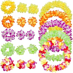 PAMASE 5 Sets 40" Hawaiian Luau Party Flower Leis Wreaths Necklace Headband Bracelet for Kids & Adults - Tropical Artificial Dense Hibiscus Decorations for Luau Pool Party or Moana Theme