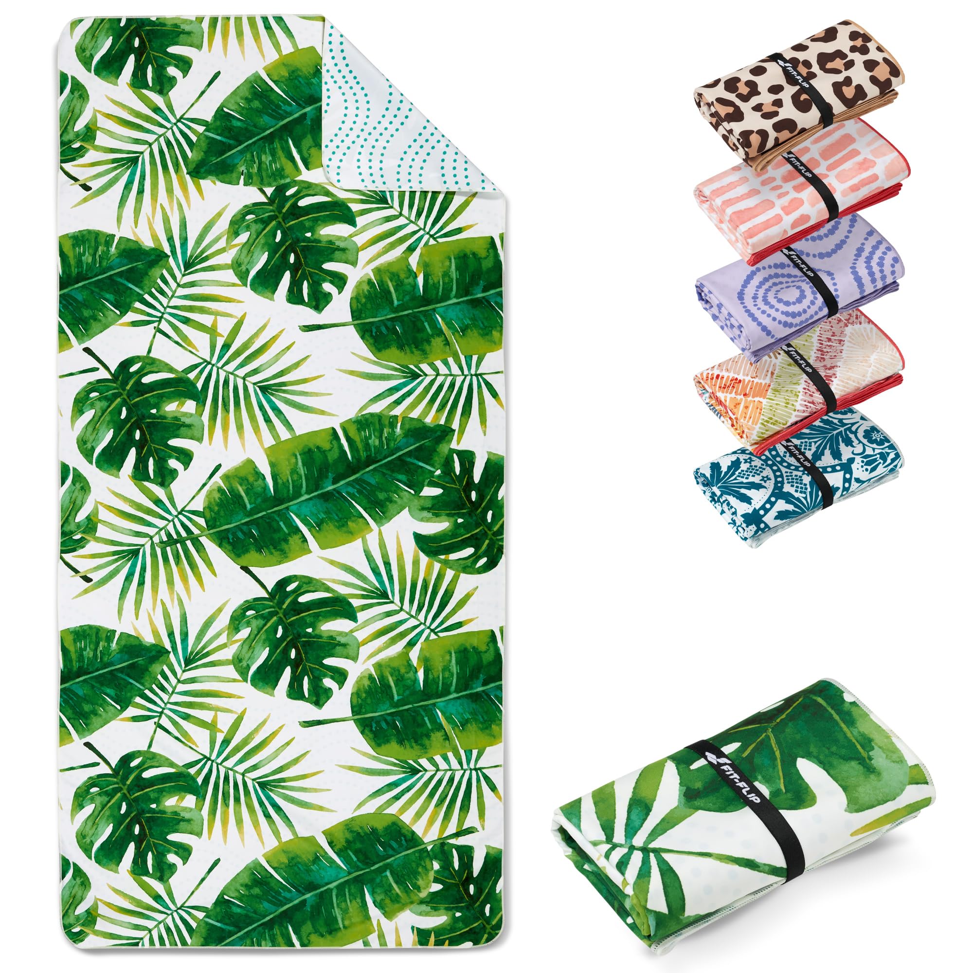 Fit-Flip Beach towel microfibre - large quick dry towels - for travel and swimming - lightweight, compact and super absorbent - sand free, 100% recycled - Tropic Leaves 160x90cm