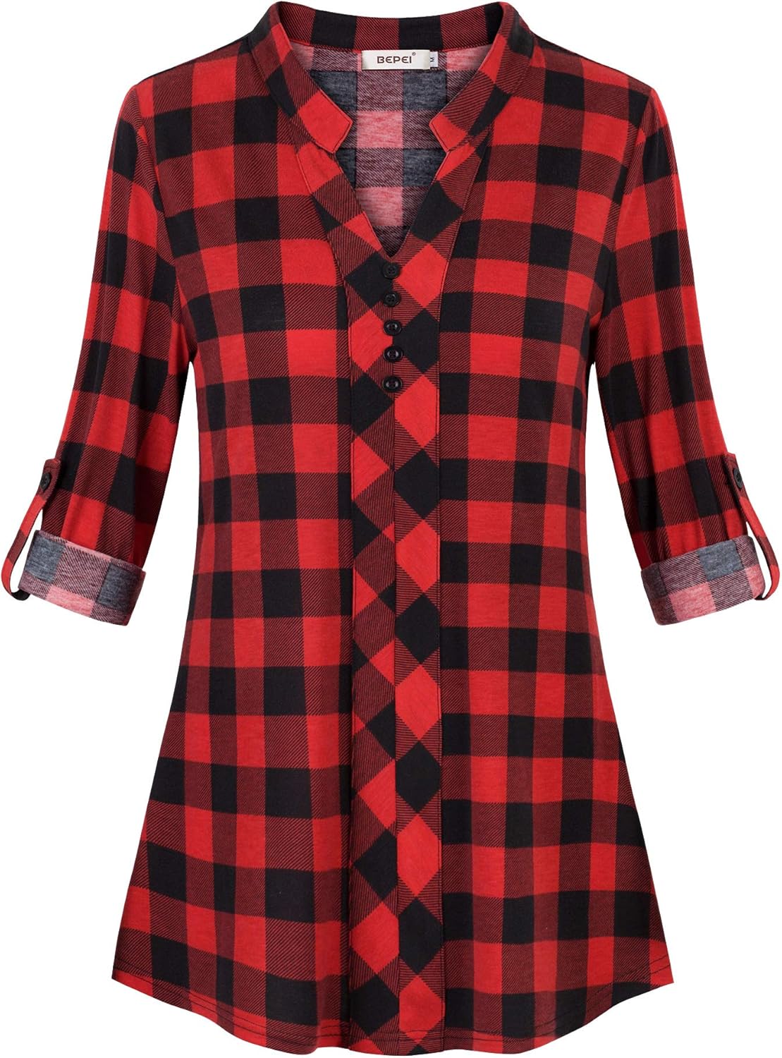 BEPEI Womens Roll-up 3/4 Long Sleeve Plaid Shirts Henley V Neck Casual Tunic Top: Clothing
