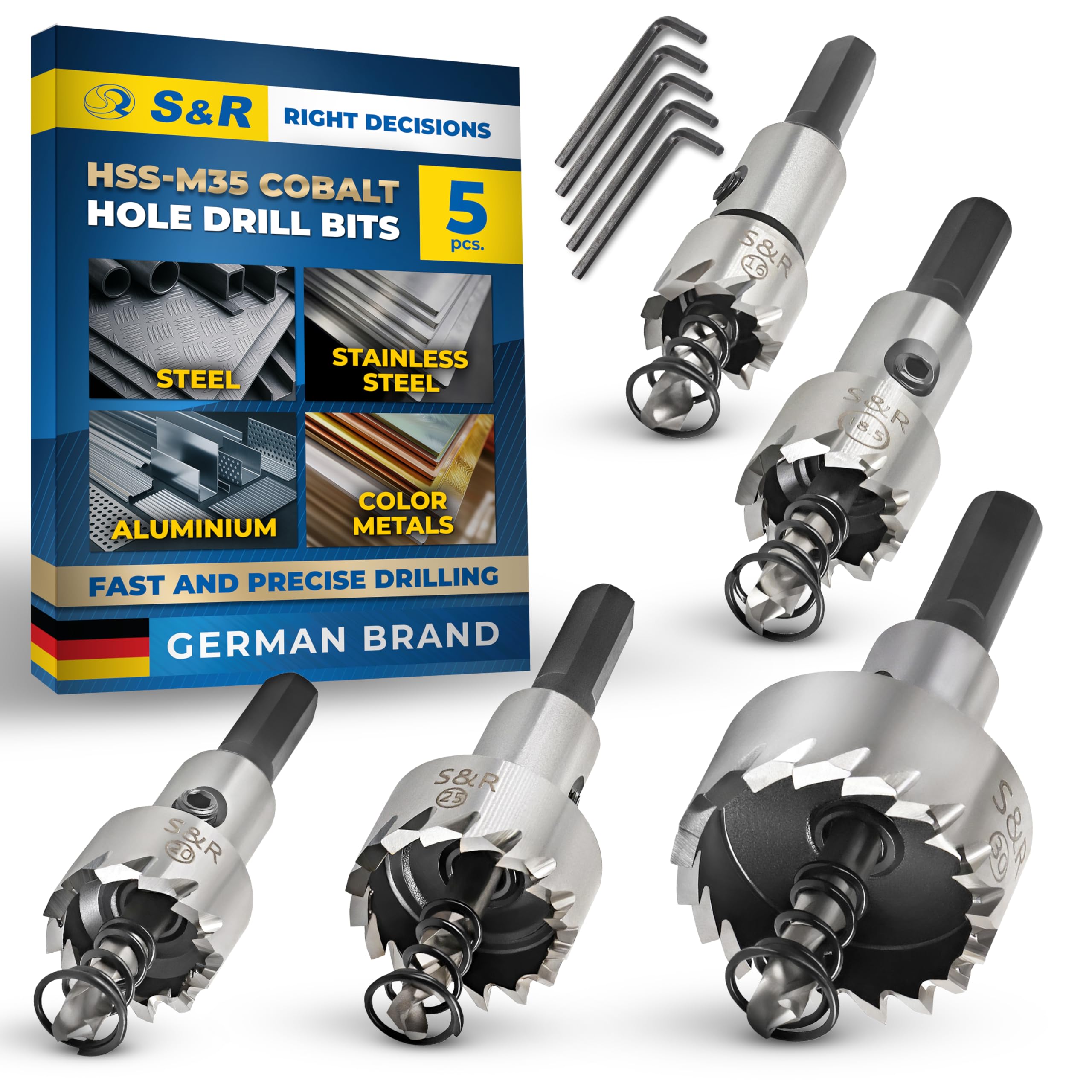 S&R Hole Saw Drill Bit Set – 5 pcs | HSS M35 Cobalt Alloy (5%) | 16–30 mm | For Stainless Steel, Steel, Plastic, Aluminum | HRC 64–66