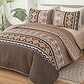 WONGS BEDDING Boho Quilt Set King Size,3 Pieces Brown Geometry Printed Bedspread Coverlet Set,Lightweight Microfiber Bedding Set with 2 Pillowcases,104"×90"
