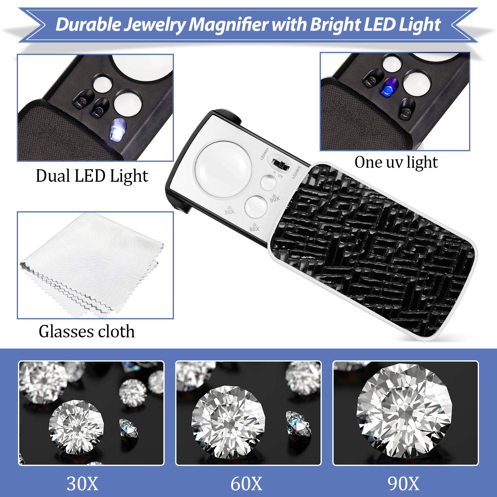 2 Pieces Jewelers Loupe 30X 60X 90X Illuminated Eye Loupe Magnifier Jewelry Magnifying Glass Loop with UV Black Light and Bright LED Light for Diamond Gem Coin Stamp Rock(Black)